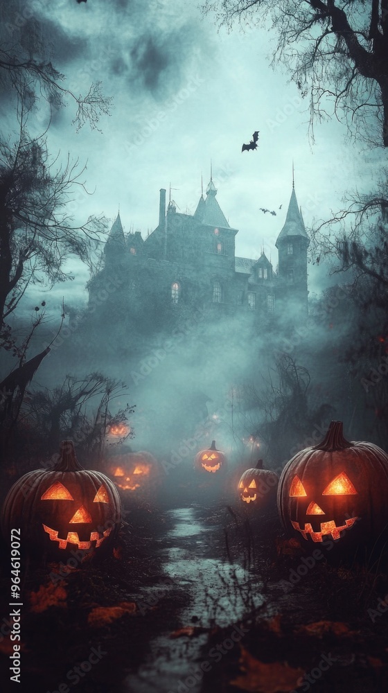 Paper cut style illustration of a haunted path lined with pumpkin lanterns, leading to a spooky mansion Paper cut style illustration of a haunted path lined with pumpkin lanterns, leading to a spooky mansion