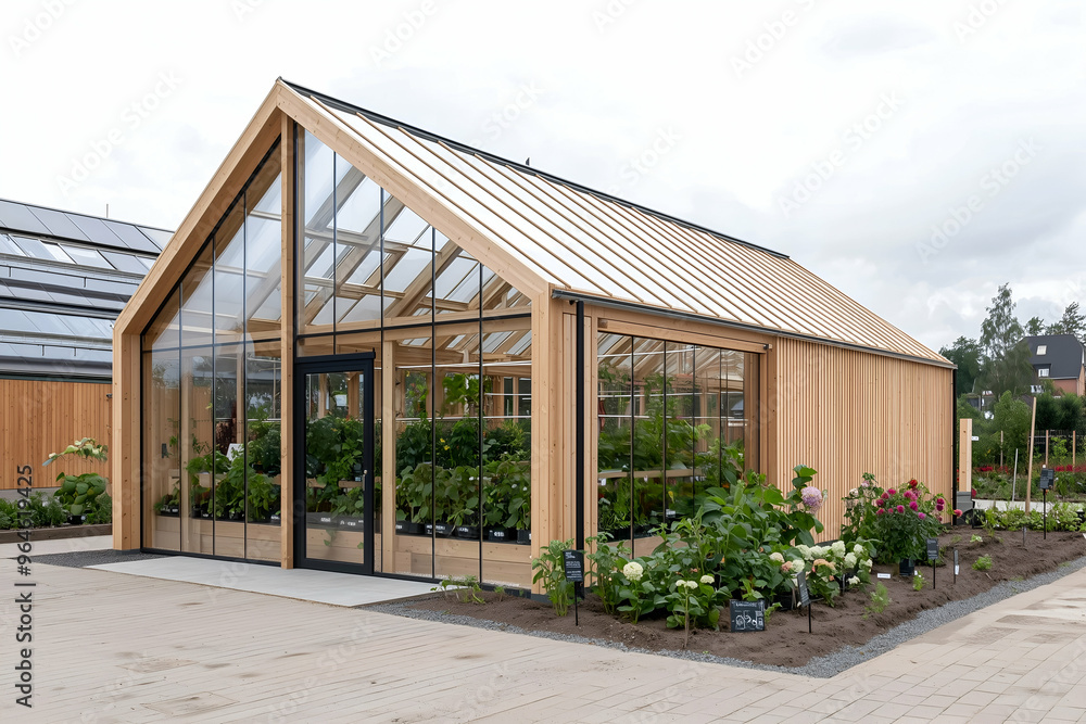 Modern Greenhouse with Wooden Frame in a Lush Garden Modern Greenhouse with Wooden Frame in a Lush Garden