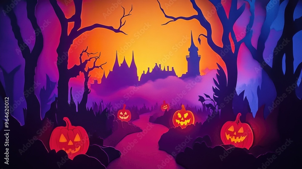 Paper cut style illustration of a haunted path lined with pumpkin lanterns, leading to a spooky mansion Paper cut style illustration of a haunted path lined with pumpkin lanterns, leading to a spooky mansion