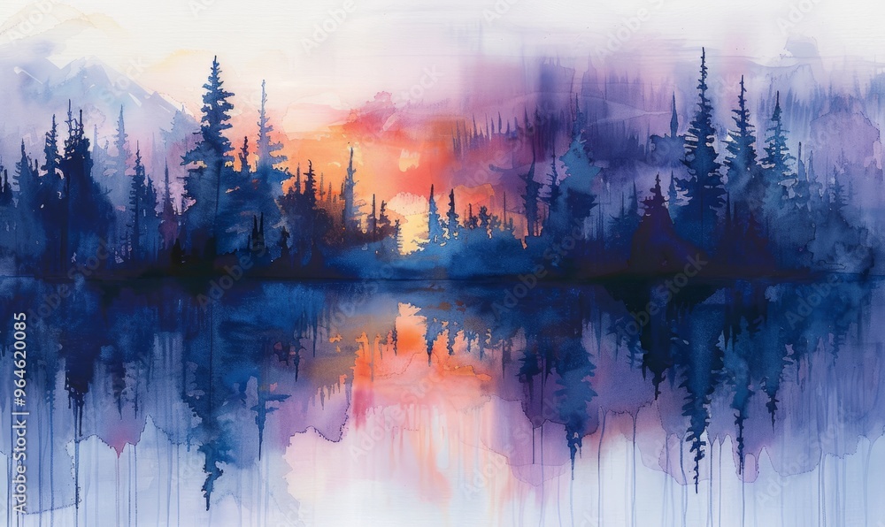 A painting of a forest with a lake in the background. The trees are blue and the sky is purple. The mood of the painting is peaceful and serene A painting of a forest with a lake in the background. The trees are blue and the sky is purple. The mood of the painting is peaceful and serene
