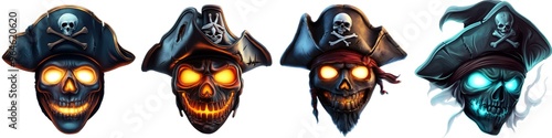 A collection of stylized pirate skulls featuring glowing eyes and classic pirate hats, perfect for Halloween or adventure themes.