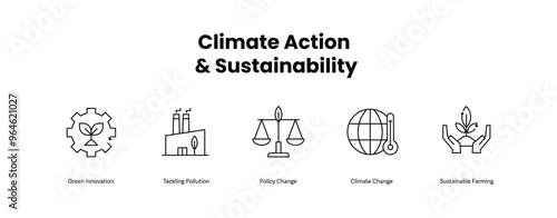 Climate Action & Sustainability. Icons included: Climate Change, Sustainable Farming, Tackling Pollution, Policy Change, Green Innovation.