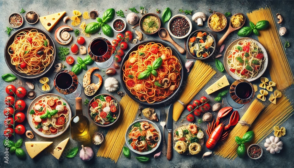 “Panoramic Variety of Italian Pasta Dishes and Wine - Overhead Flat Lay”
“Panoramic Variety of Italian Pasta Dishes and Wine - Overhead Flat Lay”
