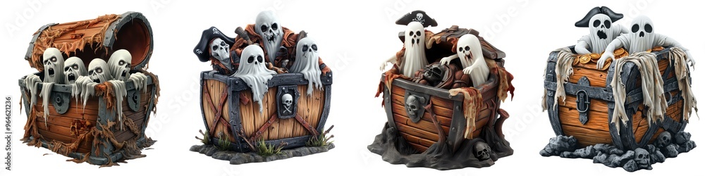 A spooky collection of ghostly figures emerging from treasure chests, perfect for Halloween-themed designs. A spooky collection of ghostly figures emerging from treasure chests, perfect for Halloween-themed designs.