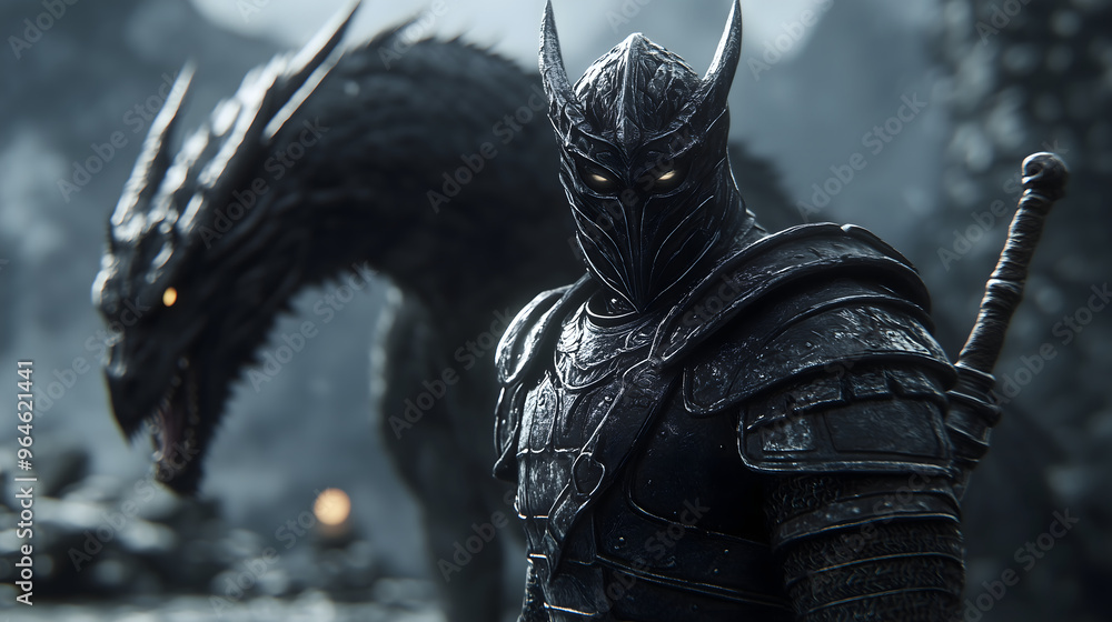 Obraz premium A medieval warrior confronts a powerful dragon. Fantasy scene with a warrior and a dragon against the background of mountains. AI generation