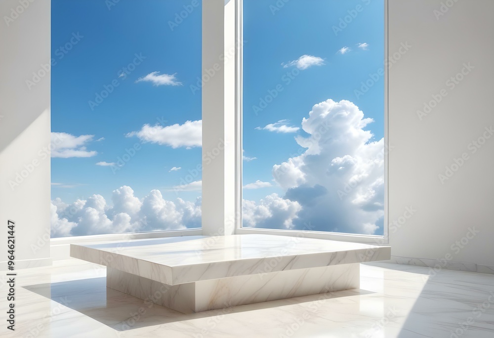 A wooden podium on a white marble platform in a minimalist room with a large window revealing a bright blue sky and fluffy clouds outside, casting soft shadows on the marble. A wooden podium on a white marble platform in a minimalist room with a large window revealing a bright blue sky and fluffy clouds outside, casting soft shadows on the marble.