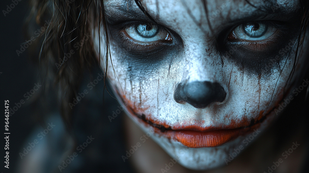 A spooky portrait of a child with Halloween makeup, set against a black background. The dramatic face paint contrasts with the dark setting, creating an eerie and festive atmosphere A spooky portrait of a child with Halloween makeup, set against a black background. The dramatic face paint contrasts with the dark setting, creating an eerie and festive atmosphere