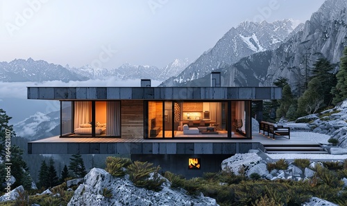 Minimalist mountain cabin with panoramic views.