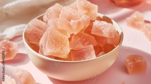 Soft pink collagen gummies in a bowl on pastel background photo