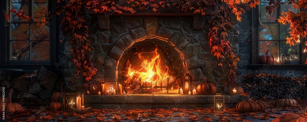 Warm fire in an autumn fireplace Warm fire in an autumn fireplace