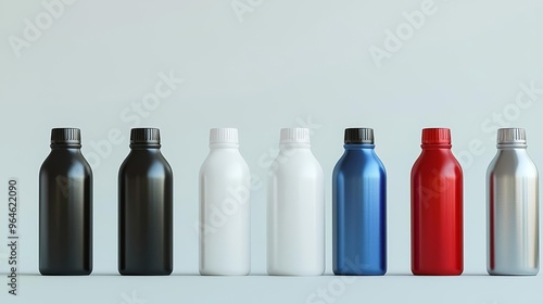 Assortment of shiny metal bottles in white, black, red, silver, and blue, reusable and eco-friendly, detailed and realistic 3D render, minimalist background