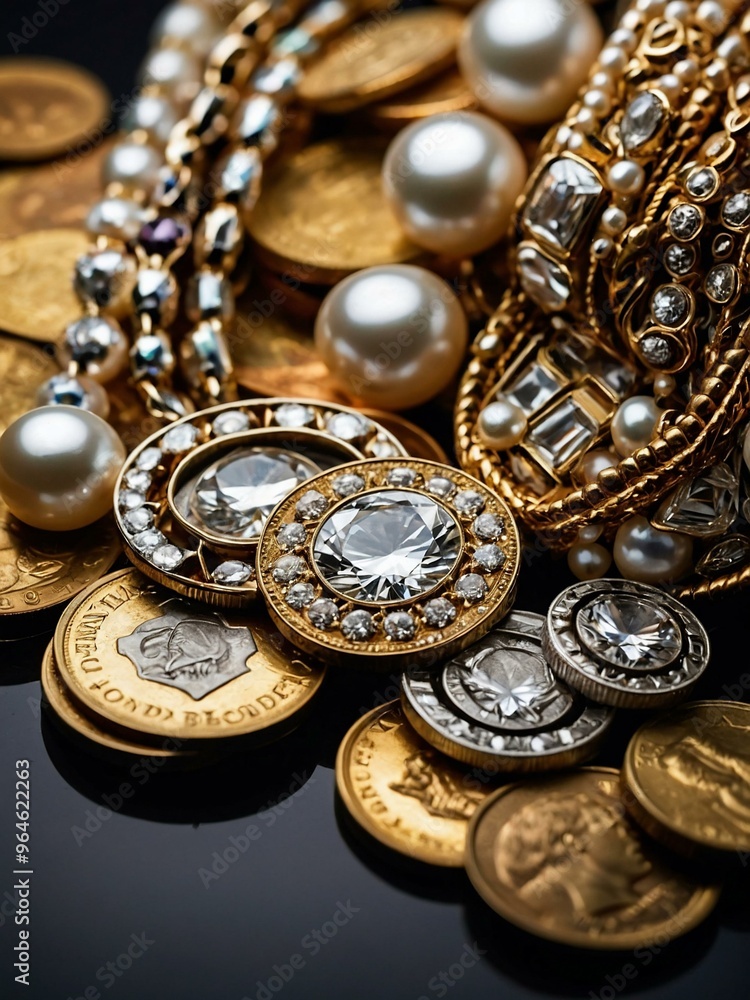Close-up of mixed coins, diamonds, and pearls, representing luxurious wealth. Close-up of mixed coins, diamonds, and pearls, representing luxurious wealth.