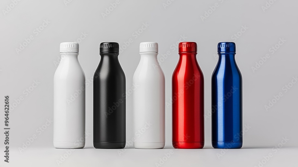 Lineup of five glossy metal water bottles in white, black, red, silver, and blue, sleek reusable design, minimalist packaging mockup, front view Lineup of five glossy metal water bottles in white, black, red, silver, and blue, sleek reusable design, minimalist packaging mockup, front view
