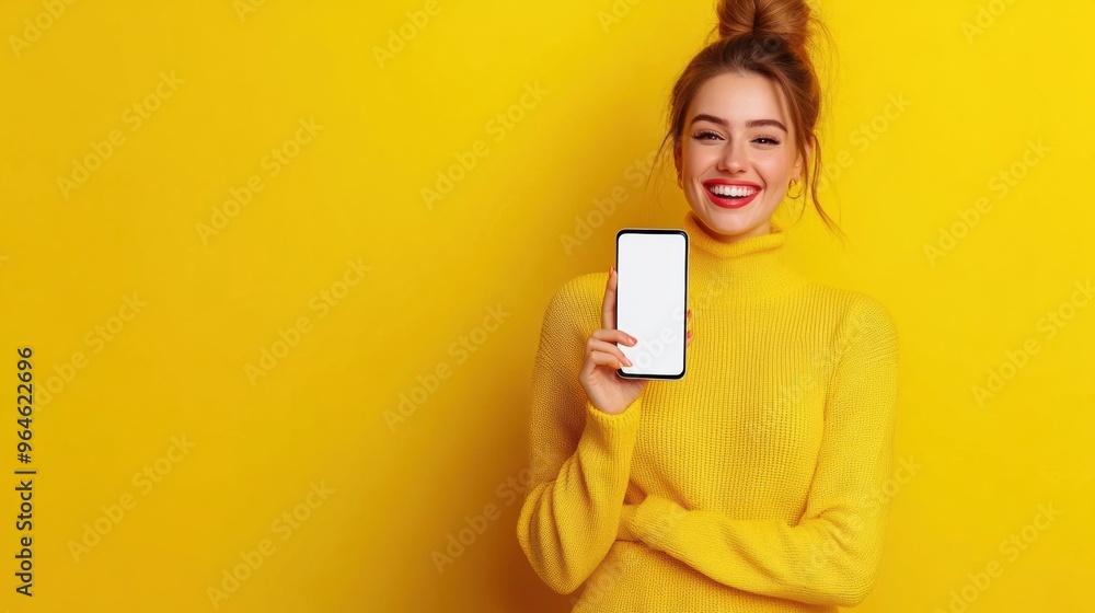 A woman in a yellow sweater holding up her phone, AI A woman in a yellow sweater holding up her phone, AI