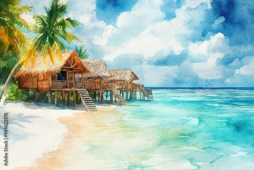 A tranquil beach scene featuring vibrant watercolors of tropical houses by the sea, surrounded by palm trees and blue skies.