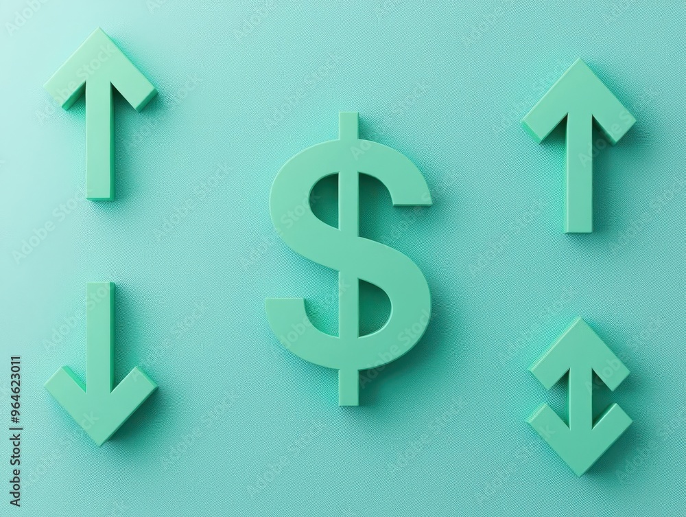 A sleek green dollar icon with arrows pointing in different directions, showing market changes, Minimalist, 3D Render, Digital A sleek green dollar icon with arrows pointing in different directions, showing market changes, Minimalist, 3D Render, Digital