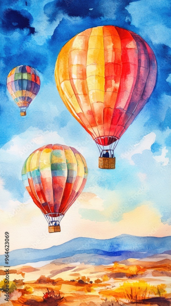 Naklejka premium Colorful hot air balloons float gracefully over a scenic landscape, capturing the essence of freedom and adventure in the sky.