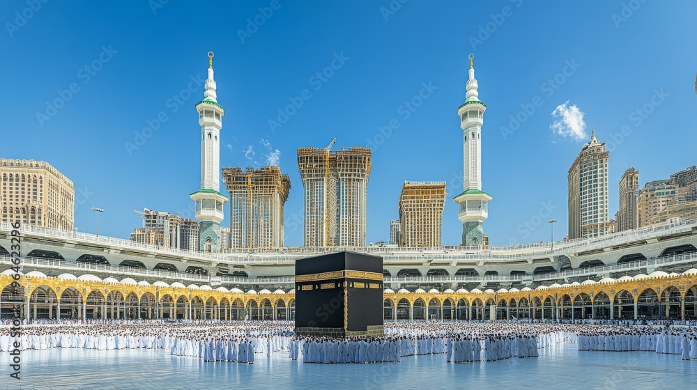 Obraz premium The Grand Mosque in Mecca with Pilgrims Circling the Kaaba During Hajj 