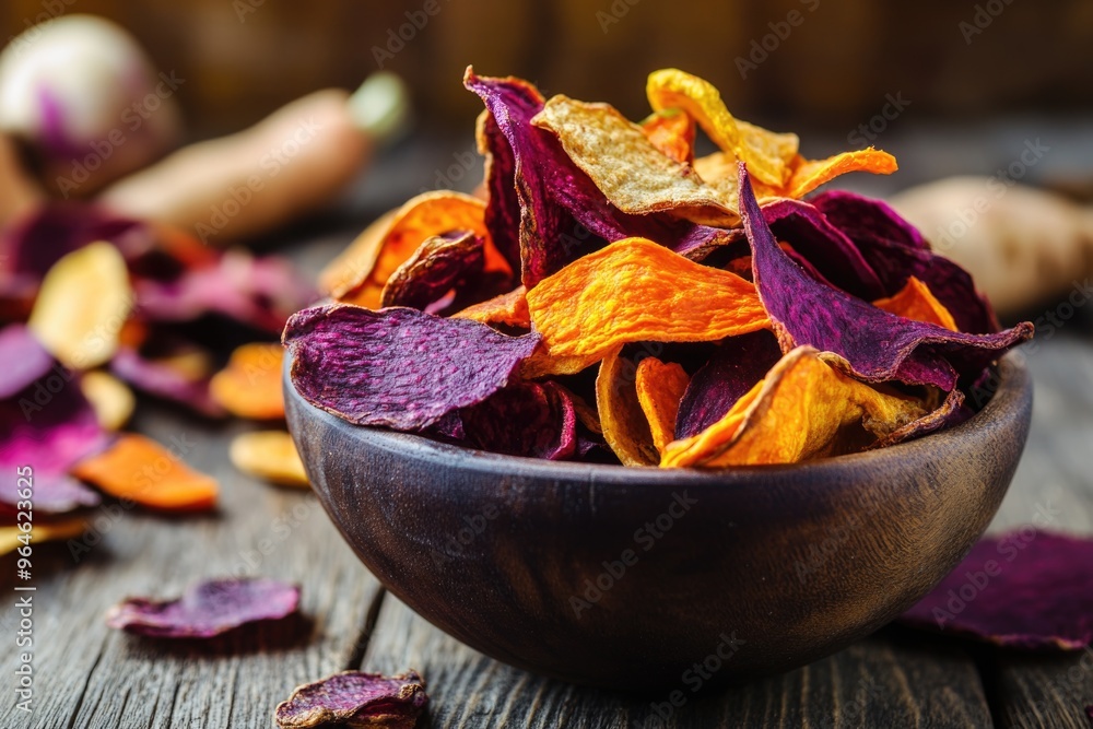Healthy colorful vegetable chips made from beet, celery, carrots and potatoes Healthy colorful vegetable chips made from beet, celery, carrots and potatoes
