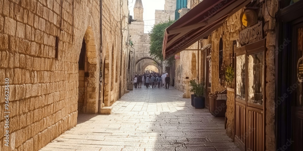 Obraz premium Historic Via Dolorosa in Jerusalem with Christian Pilgrims Walking the Path 