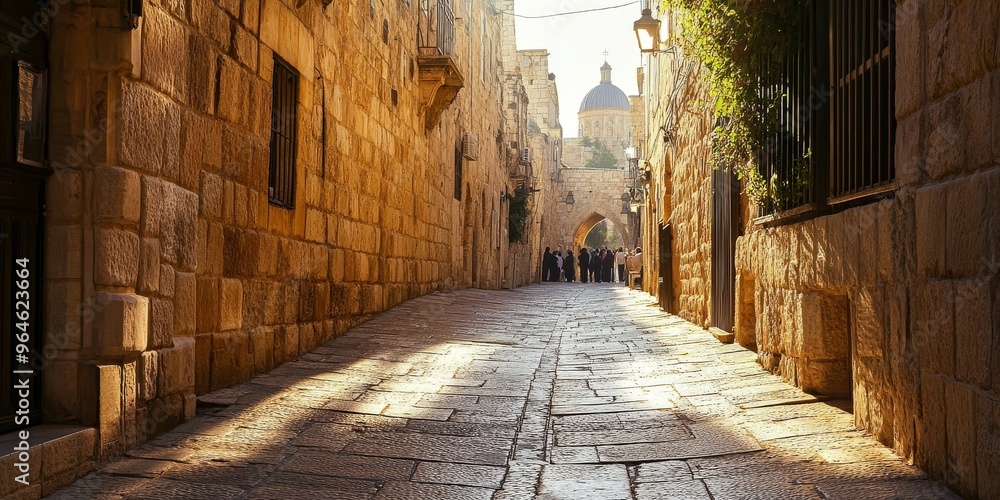Obraz premium Historic Via Dolorosa in Jerusalem with Christian Pilgrims Walking the Path 