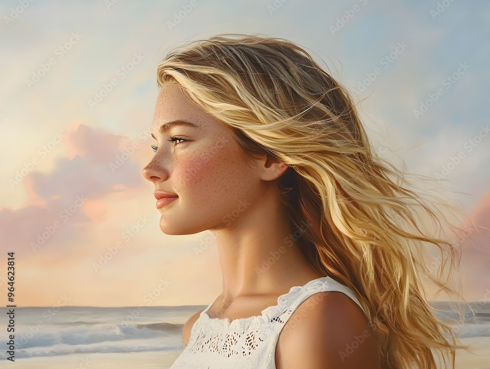Serene Woman Enjoys Sunset Moment on Picturesque Beach Serene Woman Enjoys Sunset Moment on Picturesque Beach