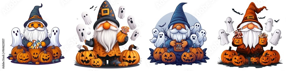 Charming Halloween gnomes with pumpkins and ghosts, perfect for festive decorations and illustrations. Fun character designs. Charming Halloween gnomes with pumpkins and ghosts, perfect for festive decorations and illustrations. Fun character designs.