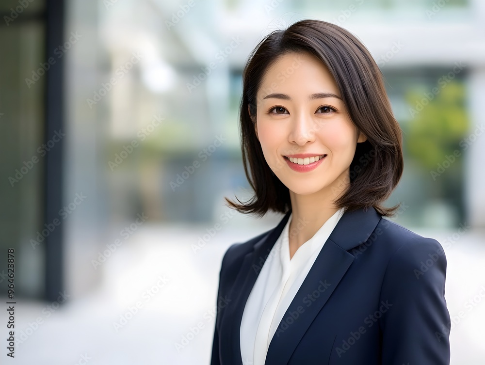 Confident and Stylish Japanese Business Woman Smiling at Office Entrance Confident and Stylish Japanese Business Woman Smiling at Office Entrance