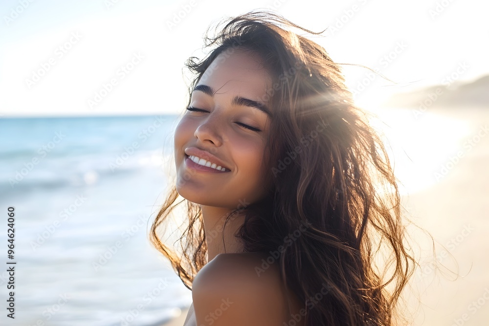 Radiant Brazilian Woman Strolling Along Picturesque Beach With Serene Ocean View Radiant Brazilian Woman Strolling Along Picturesque Beach With Serene Ocean View