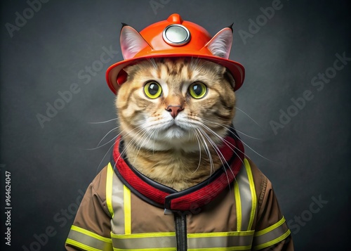 cat in firefighter gear with reflective vest and helmet photo