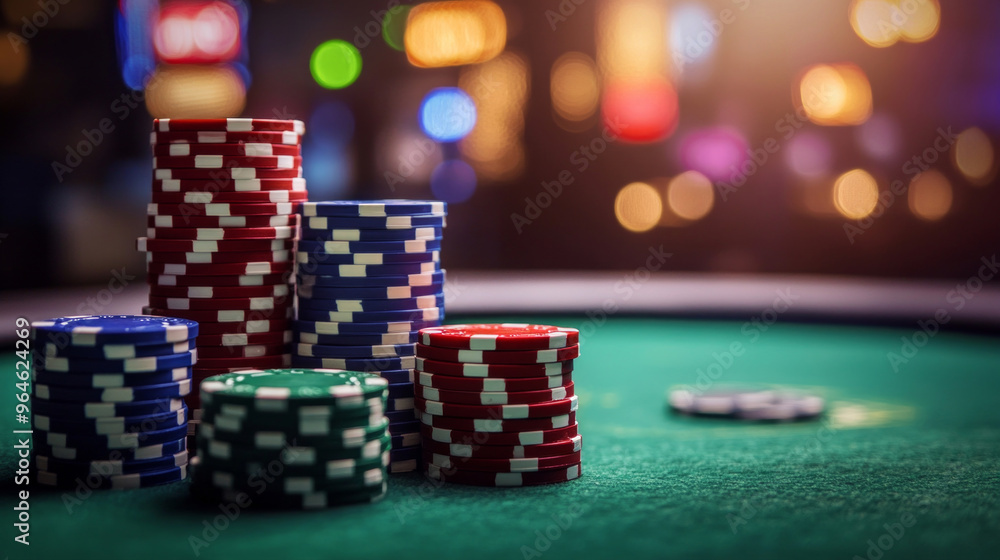 Poker chips on green felt in a casino with bright lights in the background create an atmosphere of gambling and competition. Focus on stacks of chips symbolizing bets and luck. Poker chips on green felt in a casino with bright lights in the background create an atmosphere of gambling and competition. Focus on stacks of chips symbolizing bets and luck.