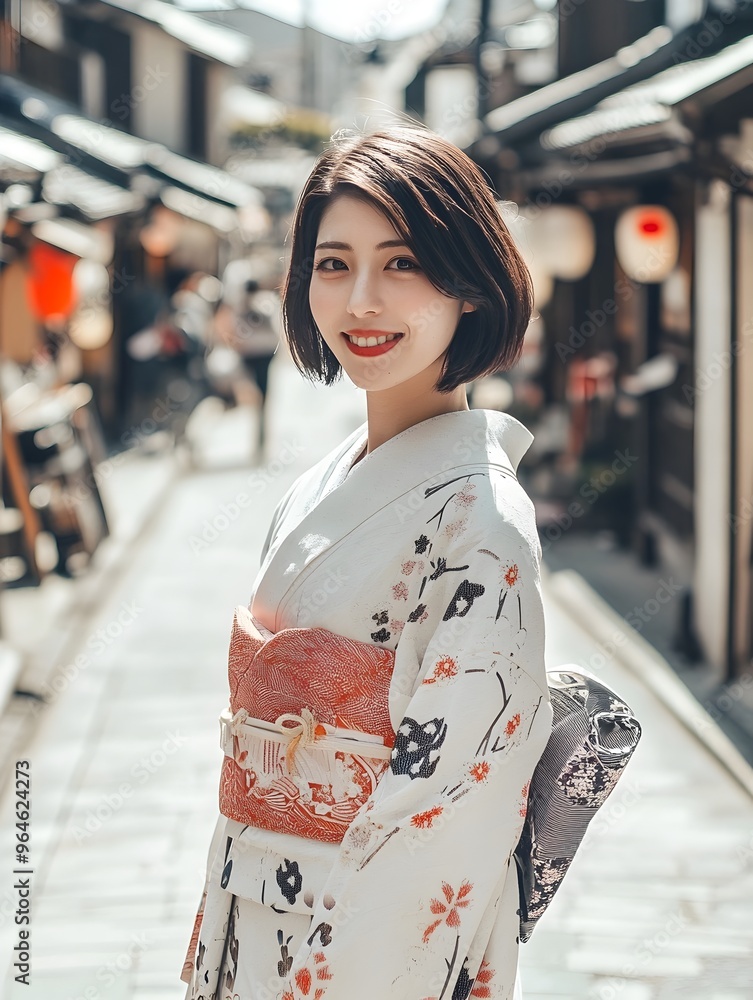 Fototapeta premium Elegant Japanese Woman in Modern Kimono Strolling on Traditional Street