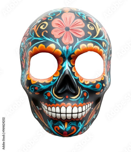 Vibrant sugar skull mask decorated in Day of the Dead style with floral patterns. Isolated on a clear background, it accentuates the details, creating a vibrant contrast for the holiday. photo