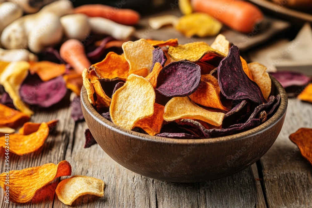 Healthy colorful vegetable chips made from beet, celery, carrots and potatoes Healthy colorful vegetable chips made from beet, celery, carrots and potatoes