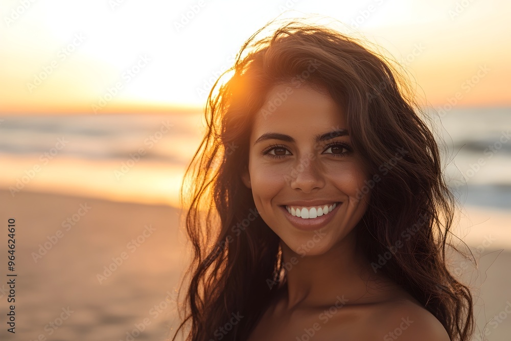 Radiant Brazilian Woman Smiling on Sunset Beach with Wavy Hair Radiant Brazilian Woman Smiling on Sunset Beach with Wavy Hair