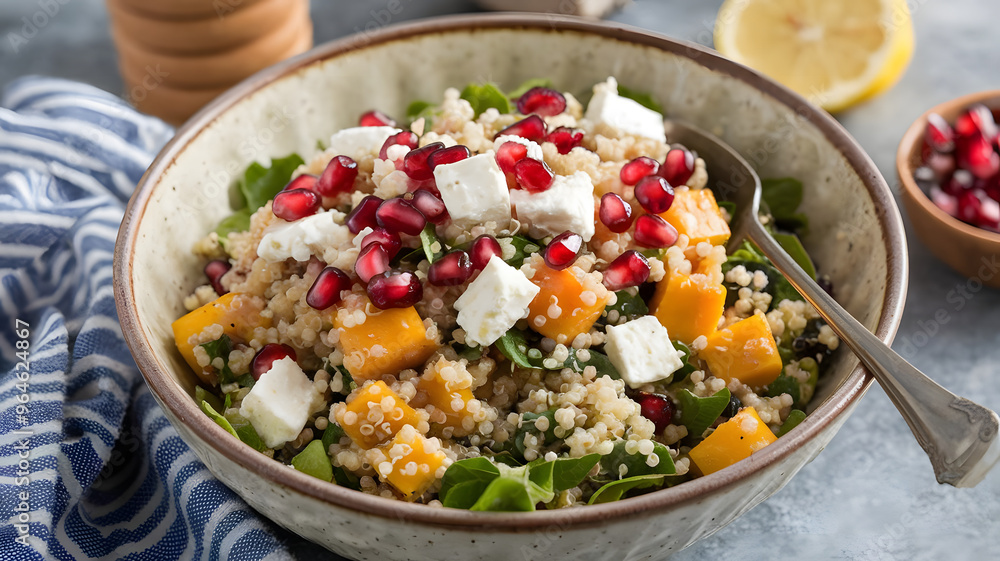 A bowl of quinoa salad with roasted butternut squash, pomegranate seeds, feta cheese, and a lemon vinaigrette, served in a large ceramic bowl. A bowl of quinoa salad with roasted butternut squash, pomegranate seeds, feta cheese, and a lemon vinaigrette, served in a large ceramic bowl.