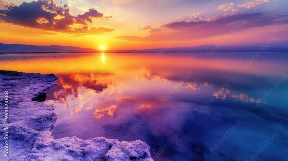 Fototapeta premium The vibrant colors of the Dead Sea at sunrise, with the sky reflecting in the calm, mineral-rich waters.