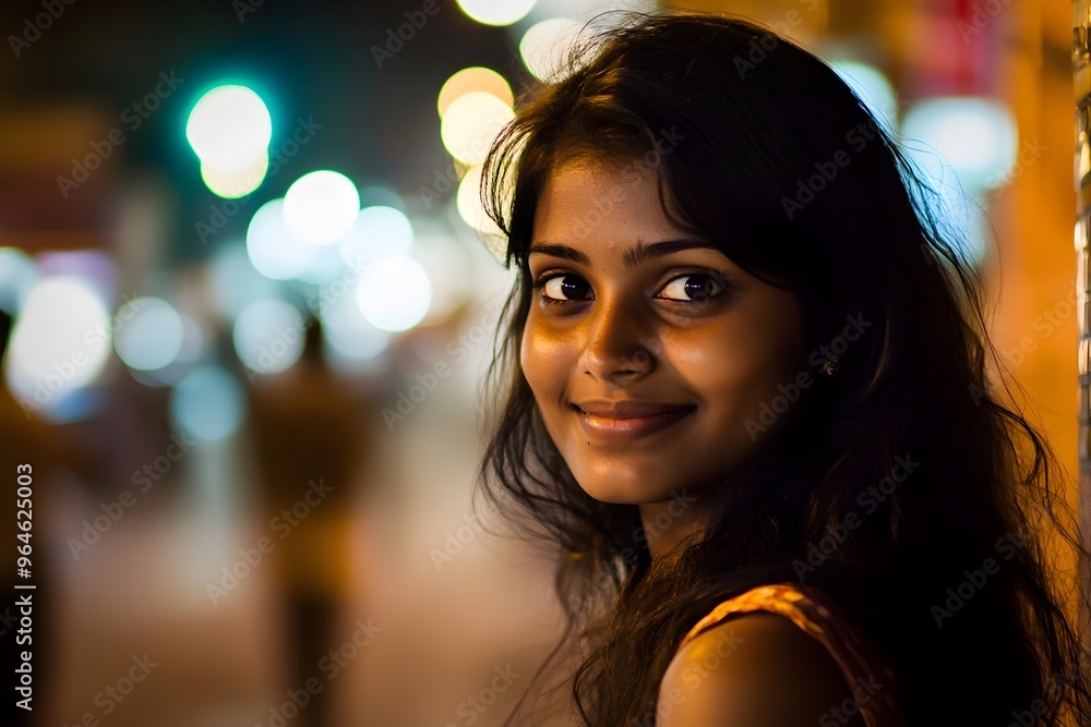 Fototapeta premium Vibrant Smile and Expressive Eyes of a Young Indian Woman in Mumbai s Street Lights
