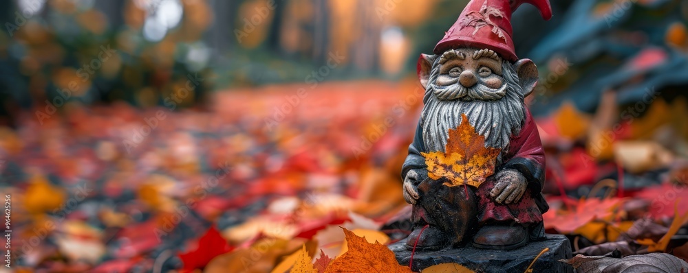 Autumn leaves on a garden gnome Autumn leaves on a garden gnome