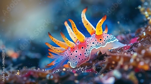 A vibrant, colorful sea slug with orange and yellow appendages and pink and black spots, crawling on the ocean floor.