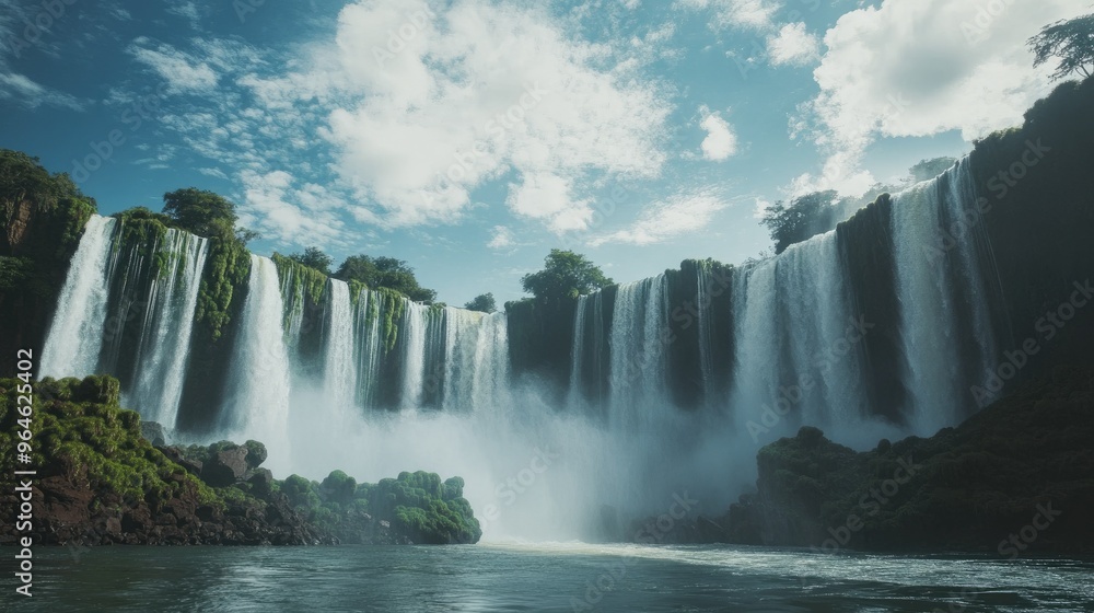 Fototapeta premium The view from a boat approaching the base of Iguazu Falls, with the powerful cascades towering overhead.