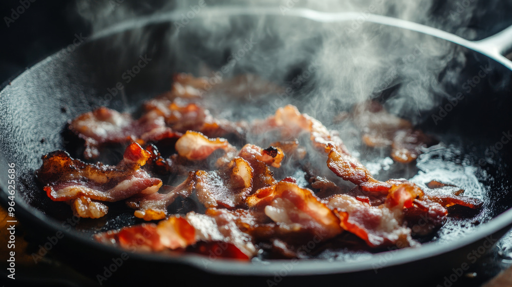 Crispy Bacon Sizzling in a Pan - Delicious Breakfast Food Crispy Bacon Sizzling in a Pan - Delicious Breakfast Food