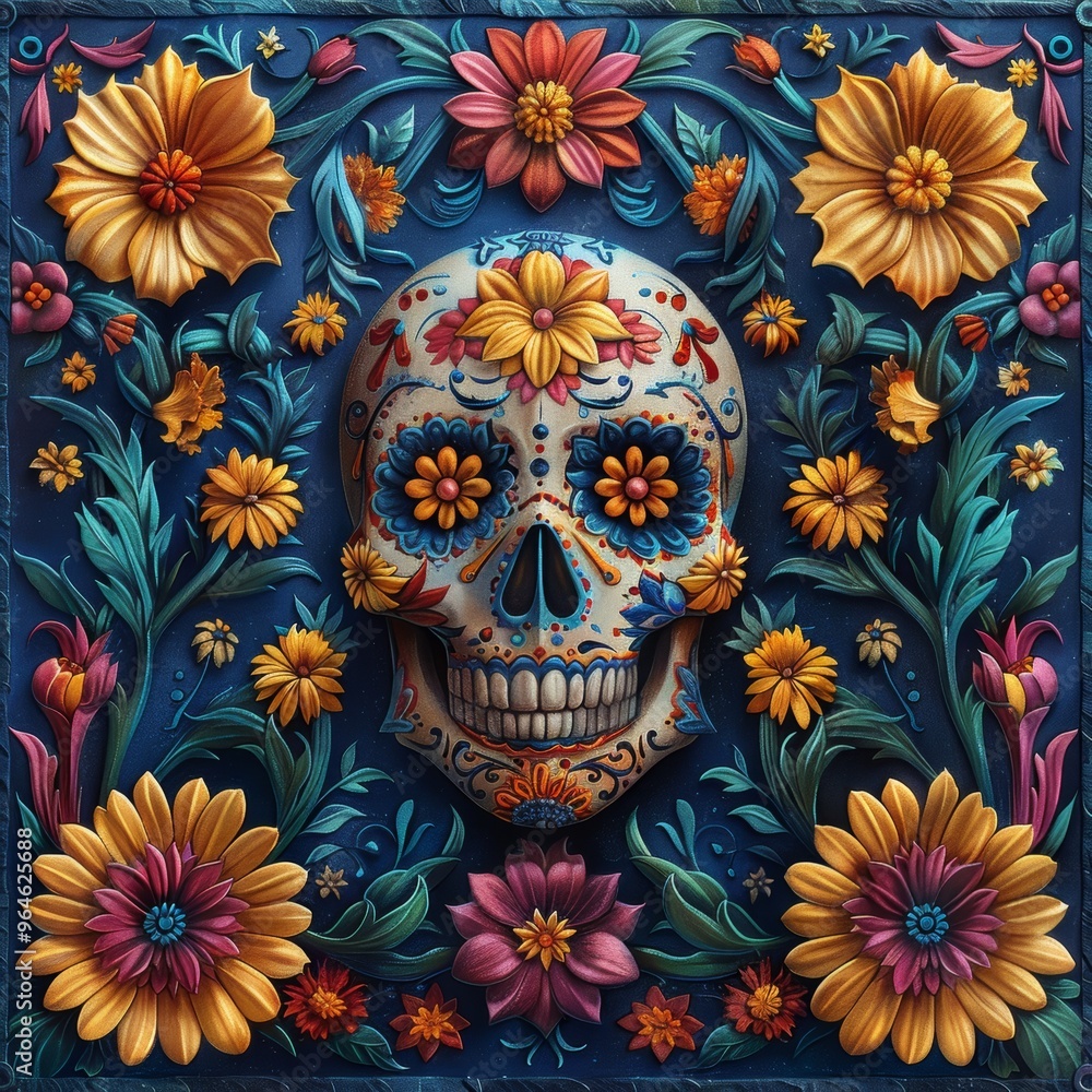 Sugar skull, vibrant and ornate background, intricate floral frame decoration, large central area for text placement, colorful Mexican folk art style, Day of the Dead theme Sugar skull, vibrant and ornate background, intricate floral frame decoration, large central area for text placement, colorful Mexican folk art style, Day of the Dead theme
