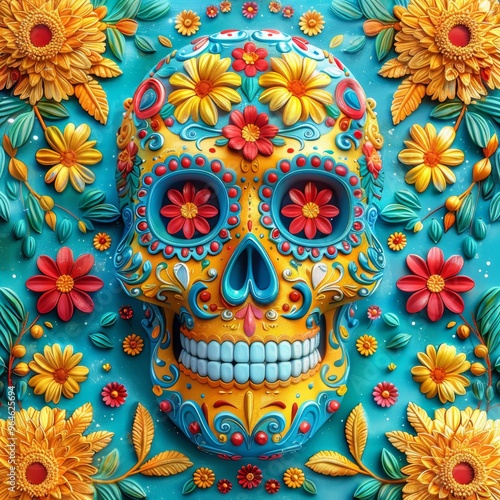 Sugar skull, vibrant and ornate background, intricate floral frame decoration, large central area for text placement, colorful Mexican folk art style, Day of the Dead theme