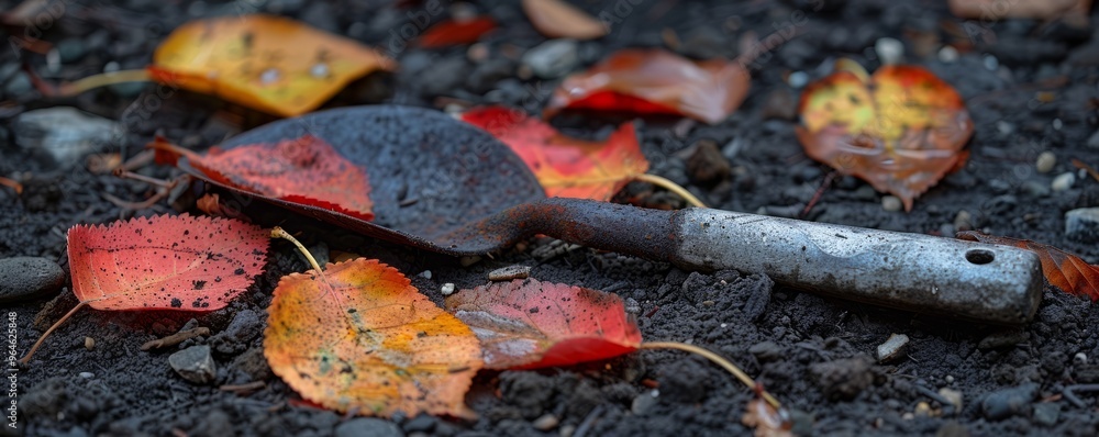 Autumn leaves on a garden trowel Autumn leaves on a garden trowel