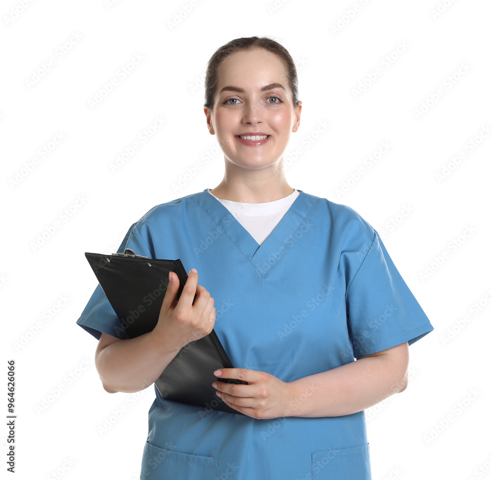 Smiling nurse with clipboard on white background Smiling nurse with clipboard on white background