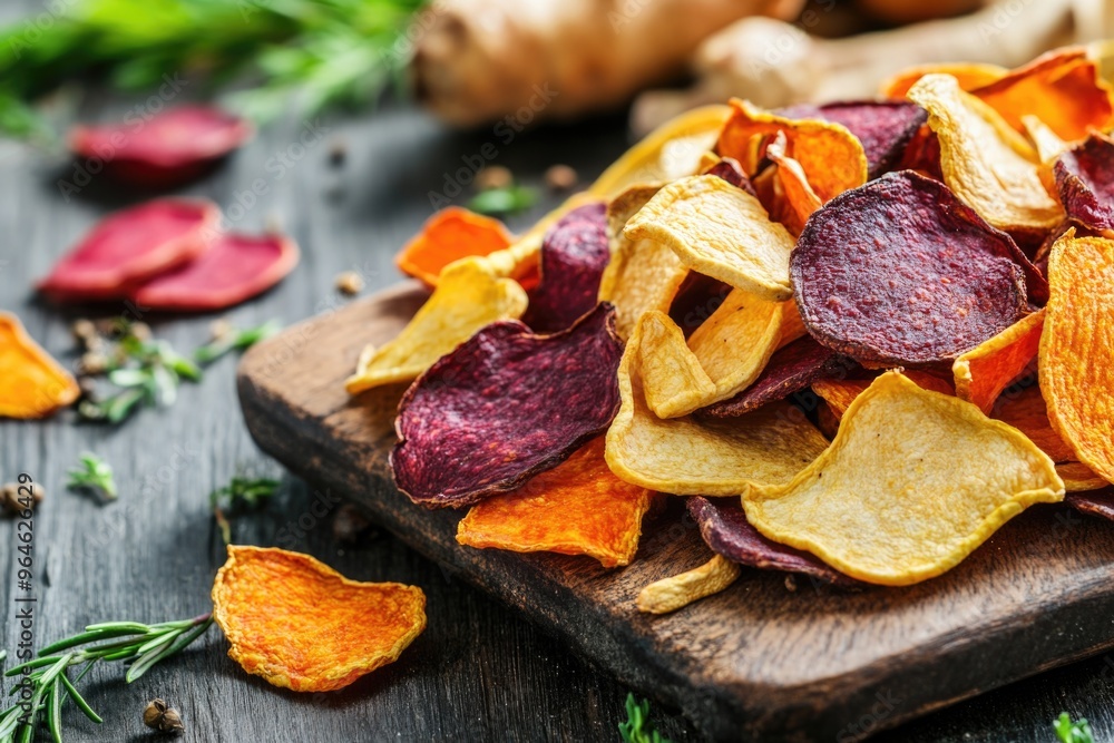 Healthy colorful vegetable chips made from beet, celery, carrots and potatoes Healthy colorful vegetable chips made from beet, celery, carrots and potatoes
