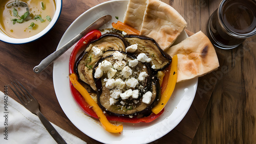  A plate of shakshouka with a twist, featuring roasted eggplant and bell peppers, garnished with feta cheese and served with pita bread.   photo