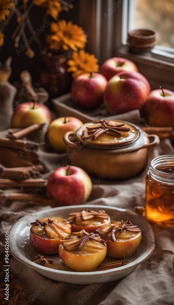a plate of caramelized apples garnished with cinnamon sticks. A pot, fresh apples, more cinnamon sticks, and a jar of honey accompany the plate, all set against a window with natural light. a plate of caramelized apples garnished with cinnamon sticks. A pot, fresh apples, more cinnamon sticks, and a jar of honey accompany the plate, all set against a window with natural light.