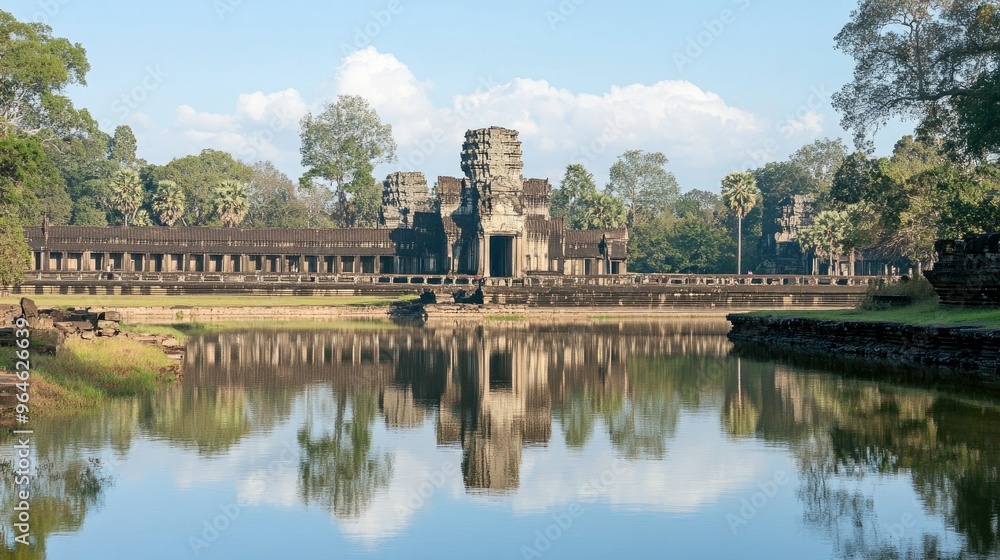 The view of Angkor Wat from across the moat, with the temple reflection mirrored in the still water. The view of Angkor Wat from across the moat, with the temple reflection mirrored in the still water.